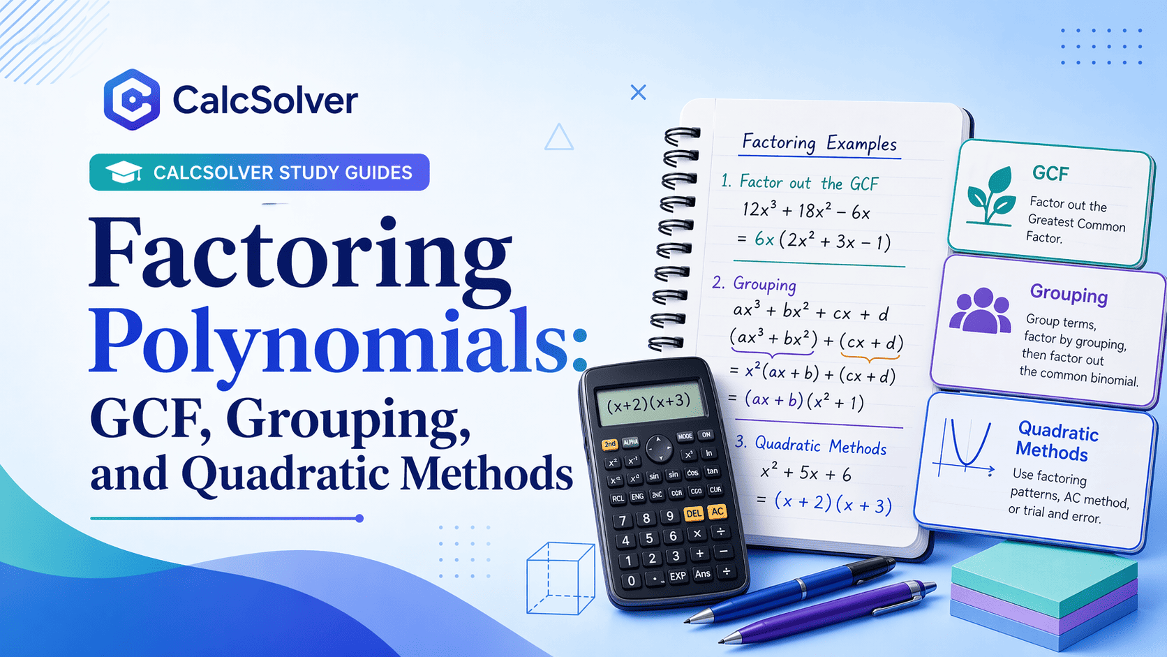Factoring Polynomials: GCF, Grouping, and Quadratic Methods article banner image