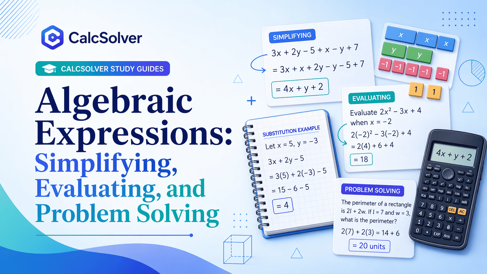 Algebraic Expressions: Simplifying, Evaluating, and Problem Solving article banner image